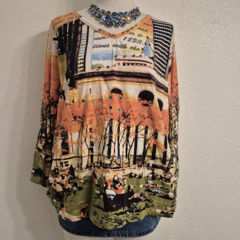 French Postcatds Scenic Novelty Print Long Sleeve Top Soft Womens Size L - Picture 5 of 12
